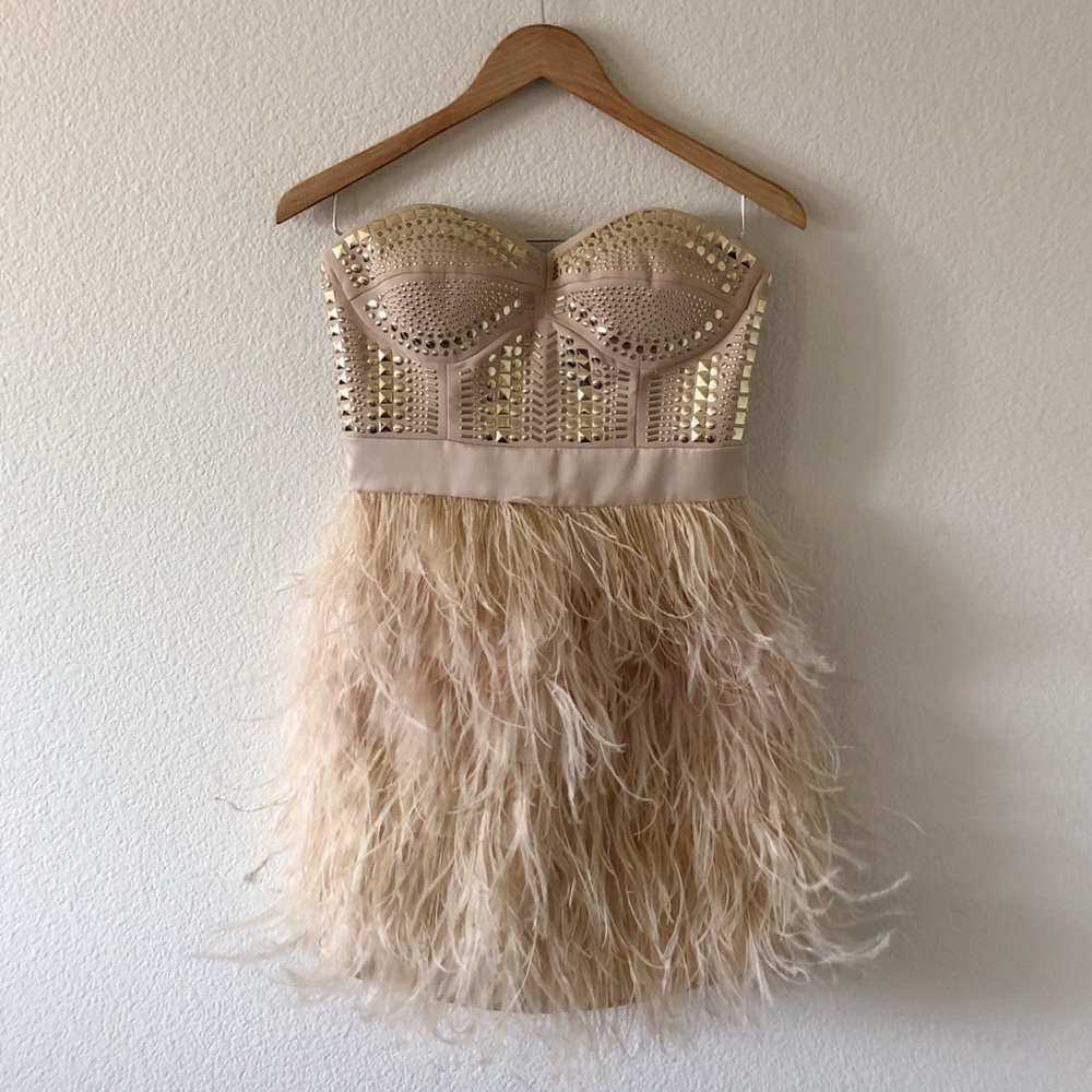 Bebe Feathered Creme Vegas Dress